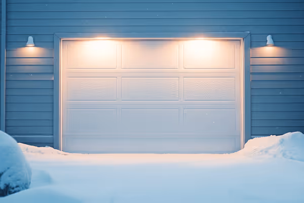 A well-insulated garage door surrounded by snow, displaying how it aids in keeping external temperatures from affecting the indoor environment.