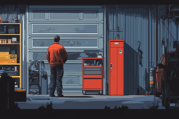 Image of a professional garage door technician inspecting a garage door mechanism, highlighting components and focusing on detail, set in a well-organized garage space.