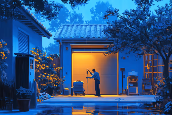 A technician inspecting a modern garage door in a well-lit neighborhood, demonstrating the importance of regular maintenance checks with tools and a vigilant expression, capturing the essence of safety and diligence.