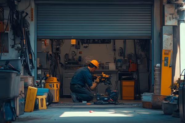 The image depicts a garage door technician adjusting the tension of a broken spring while showcasing safety measures.