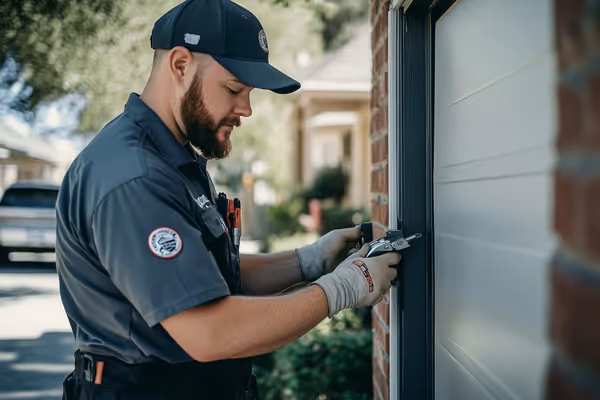 A professional garage door technician, wearing a branded uniform, performing maintenance on a garage door in a residential area. The scene showcases the technician's tools and meticulous approach.