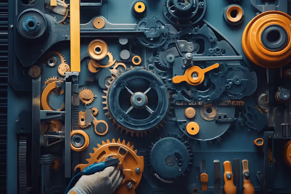 An image depicting a professional performing a comprehensive maintenance check on a residential garage door, with various tools and gears visible, highlighting the importance of regular upkeep.