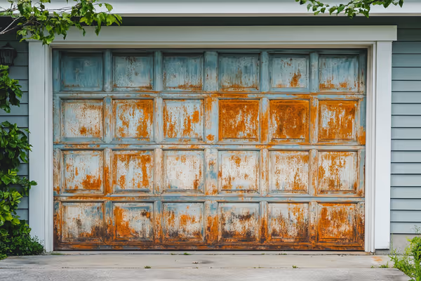A detailed view of a malfunctioning garage door with visible signs of wear, set against a bright, secure home. The image should emphasize the importance of timely maintenance for safety and security.