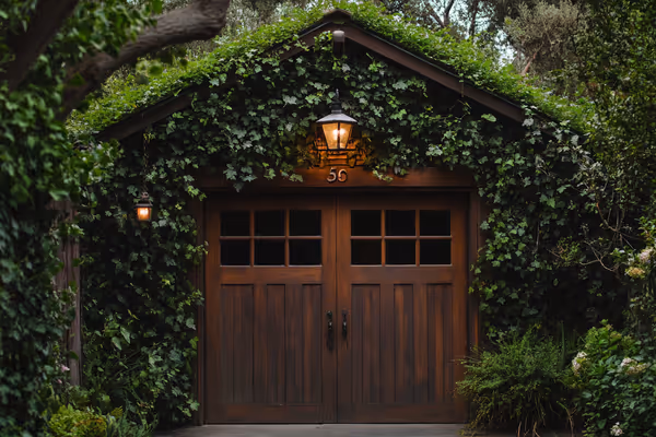 A charming, well-maintained garage door in a suburban neighborhood, harmonizing with a beautifully landscaped front yard.