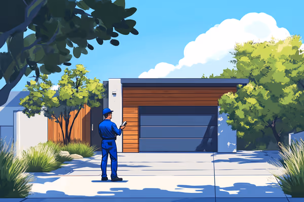 An illustration of a professional technician inspecting a garage door using tools, emphasizing expertise and safety.