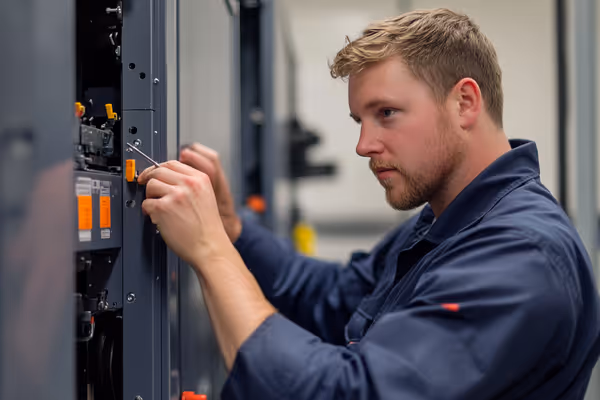 This image represents a professional garage door technician performing routine maintenance checks on a modern garage door, with tools in hand and an attentive focus on detail.