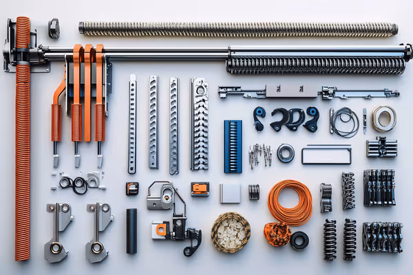 Visual representation of key garage door components such as springs, cables, and rollers.