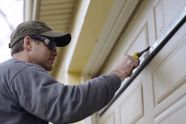 An illustration showing a homeowner confidently maintaining their garage door with step-by-step visual guides, emphasizing the ease and importance of regular upkeep.