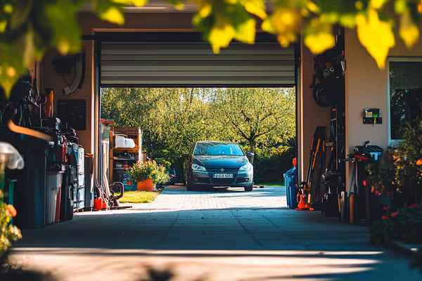 A person conducting regular maintenance on a garage door in a residential setting. The scene shows tools neatly arranged and the garage door partially opened, emphasizing preventive care.