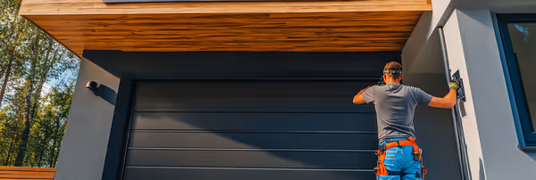 A specialized technician performing maintenance on a garage door, highlighting essential components such as springs and tracks to emphasize the importance of comprehensive care.