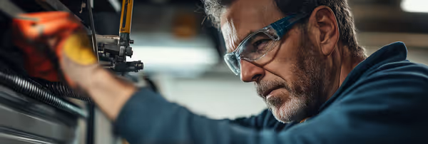 A garage door technician carefully examining a garage door's torsion springs, showcasing the expertise and precision involved in professional repairs.